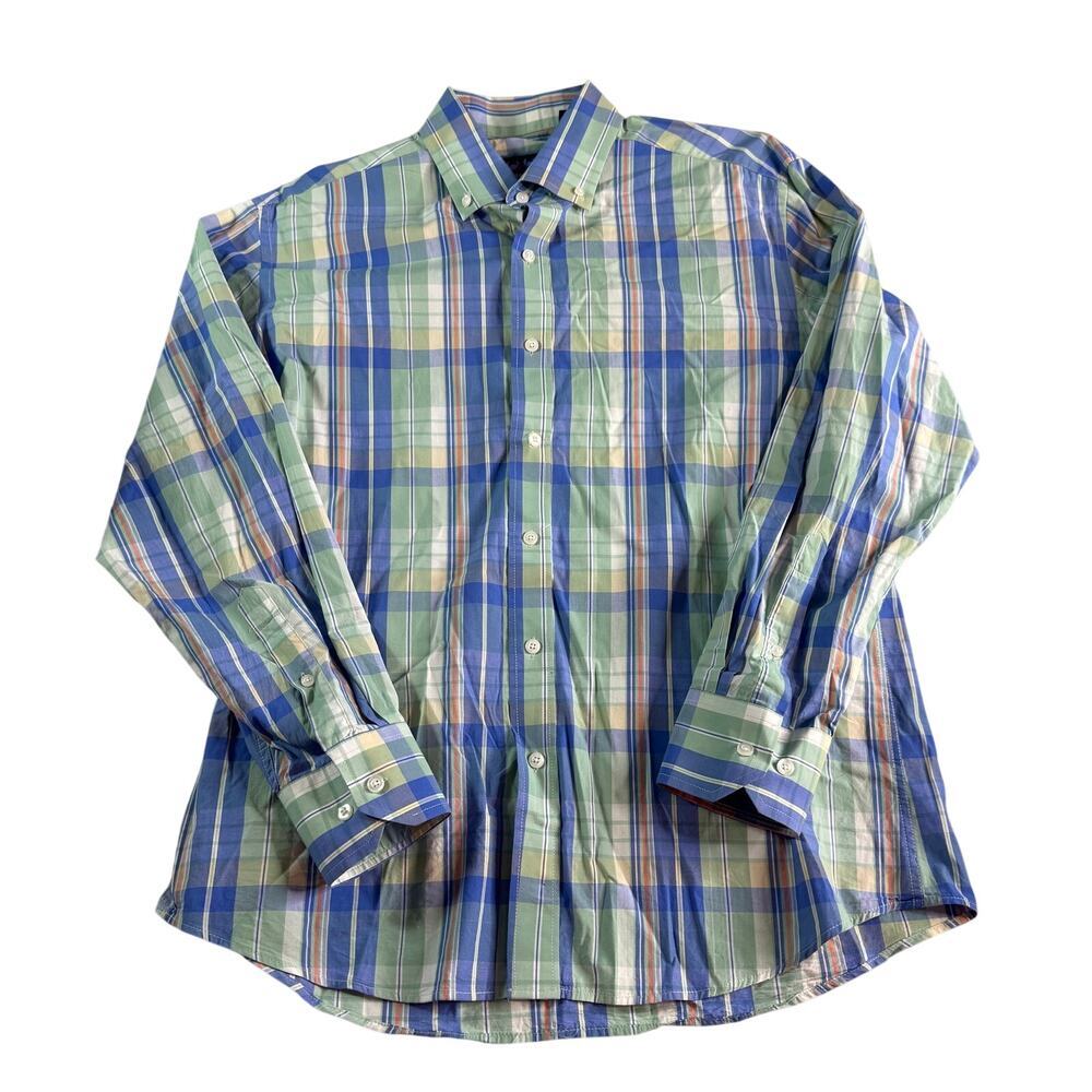 Charleston Threads Plaid Button Down Shirt Mens L 100% Cotton Blue Green Casual
